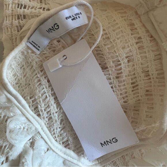 Mango Floral Appliqué Open Stitch Dress Ecru Large NEW - Picture 9 of 11